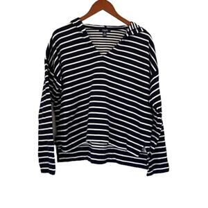 Chaps Nautical / Preppy Navy Blue and White Stripe Cotton Pullover Hoodie, L